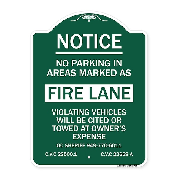 Signmission No Parking in Areas Marked as Fire Lane CVC Section 22500.1 and 22658 A, A-DES-GW-1824-23724 A-DES-GW-1824-23724 - main